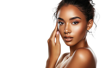 Studio portrait of a beautiful African American woman with clean healthy skin isolated on transparent png background.