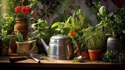 Fototapeta na wymiar Garden in kitchen accessories: plants in old utensils