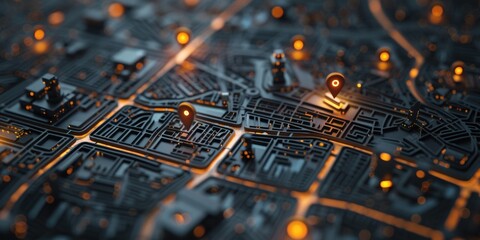 A detailed close-up view of a city map with illuminated lights. Ideal for urban planning, navigation, and travel concepts