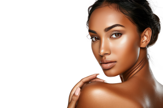Studio portrait of a beautiful African American woman with clean healthy skin isolated on transparent png background.