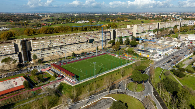 Aerial view of Nuovo Corviale known as "il Serpentone" (the great snake) due to its length. It is a residential complex in Rome, Italy, located in the south-western outskirts of the capital.
