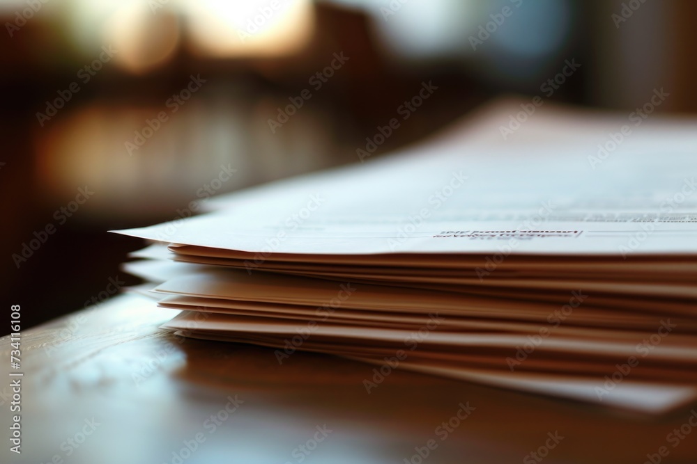 Aufkleber A stack of papers neatly arranged on top of a wooden table. This versatile image can be used in various contexts