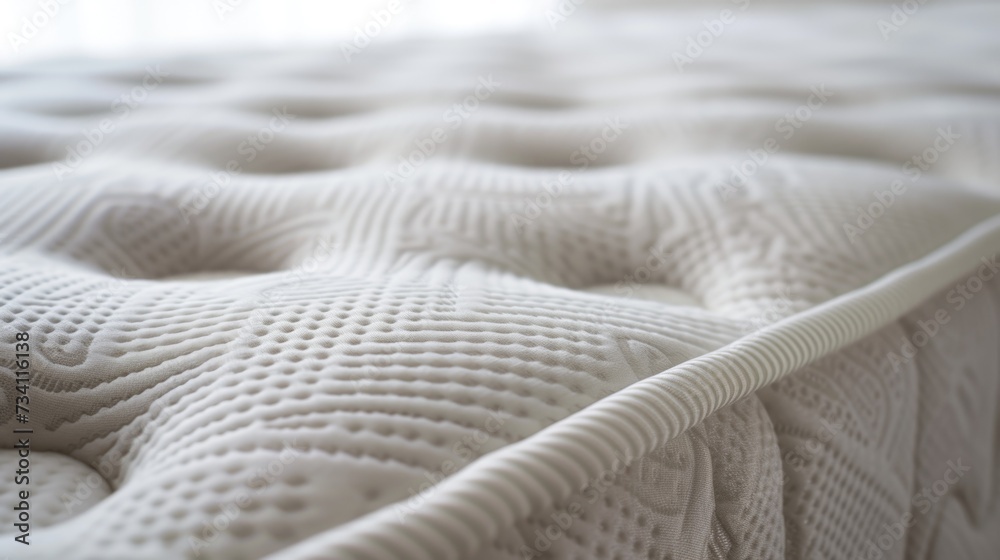 Poster A detailed view of a mattress with a white cover. Ideal for showcasing bedding products or interior design concepts
