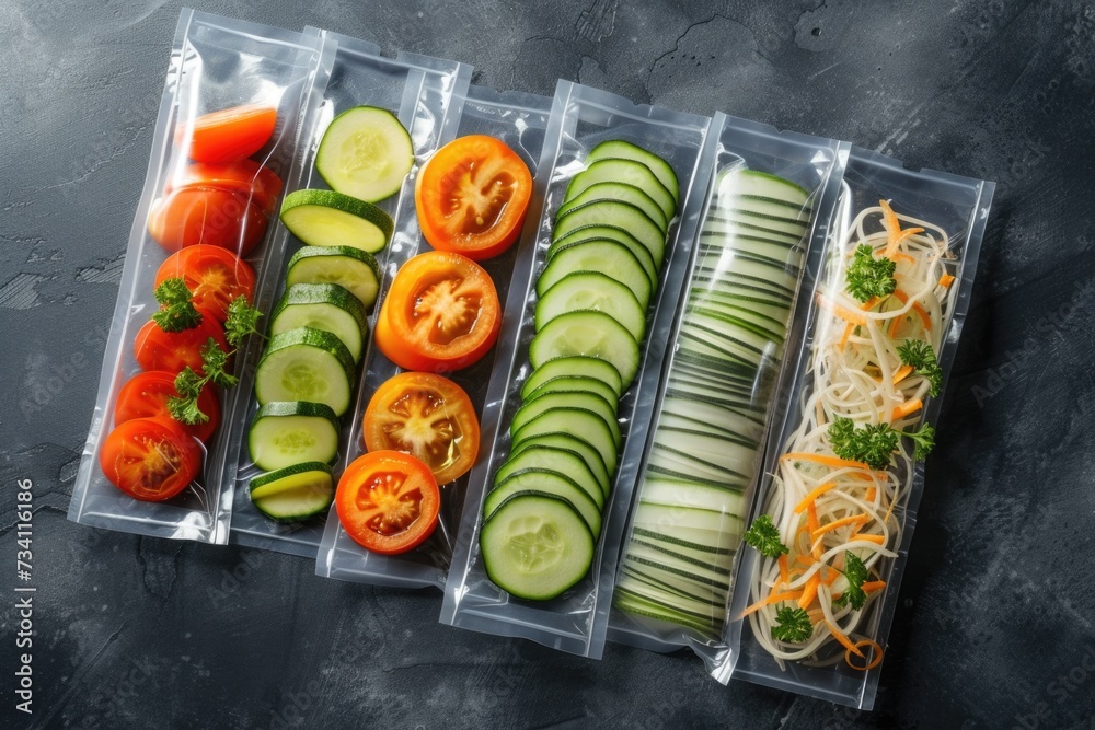 Poster A collection of various vegetables stored in plastic containers on a table. Suitable for illustrating healthy eating, meal preparation, and food storage concepts