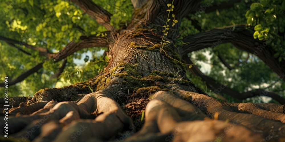 Poster A picture of a large tree with an intricate and expansive root system. Perfect for nature enthusiasts and environmental themes