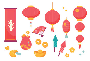 Lunar decoration set. Chinese new year decorations elements. Chinese New Year icon set. Lanterns, firecrackers, blossoms and coins.