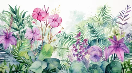  Flower background. Watercolor tropical jungle foliage and flowers illustration. Wall art wallpaper.  © Ilmi