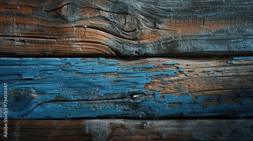 Poster close up of a piece of wood with peeling paint. suitable for texture backgrounds and rustic designs