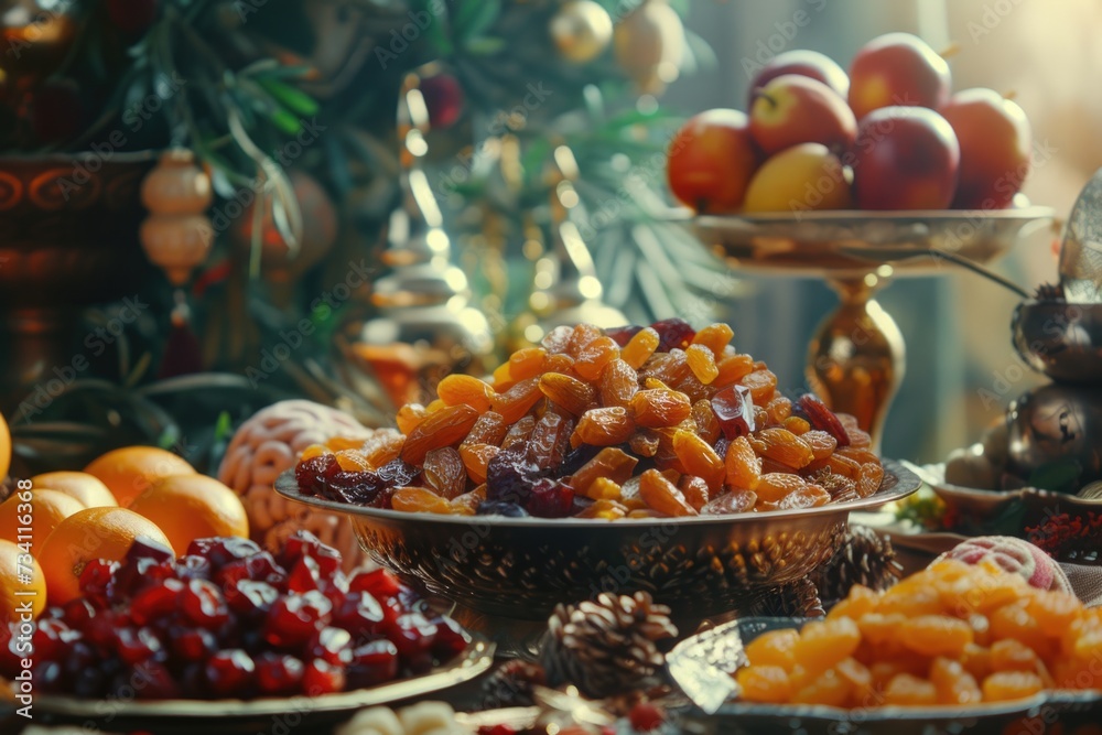 Poster a table filled with a variety of fresh and vibrant fruits. perfect for use in healthy eating guides 