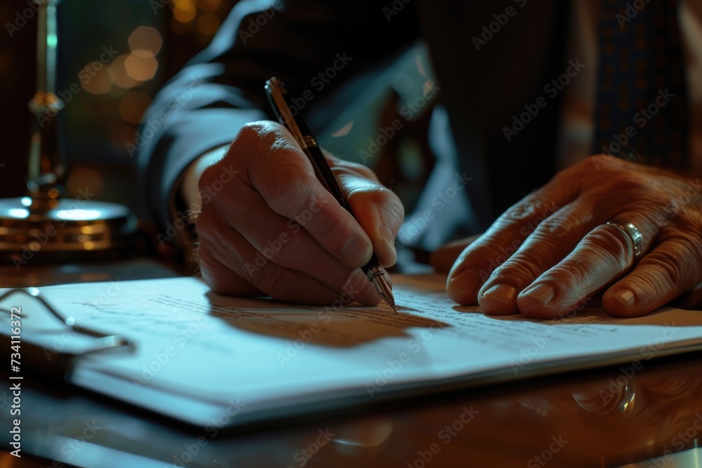 Poster a detailed view of someone writing on a piece of paper. this image can be used for various purposes