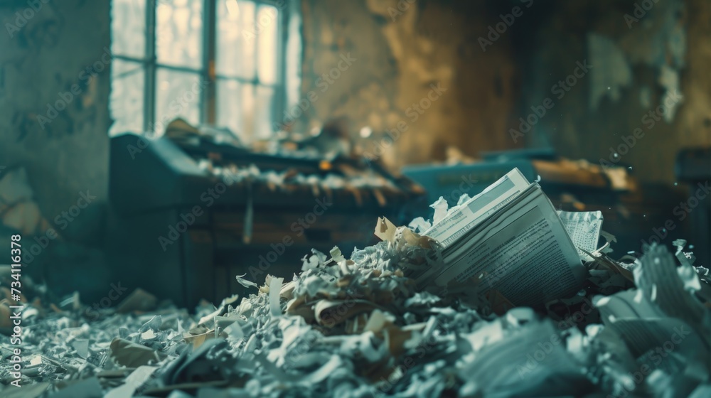 Poster a pile of papers sitting on top of a pile of rubble. this image can be used to depict destruction, c
