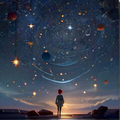 Fototapeta na wymiar Star designKid staring at night sky background dark art