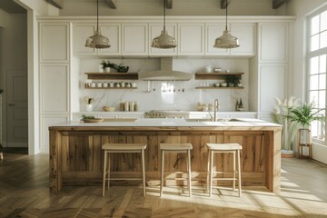 A picture of a kitchen featuring a center island and beautiful wooden floors. Ideal for showcasing modern kitchen designs and interior decor ideas.