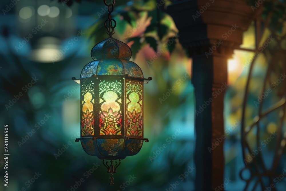 Poster A vibrant lantern hanging from a tree in a garden. Perfect for adding a pop of color and charm to outdoor spaces