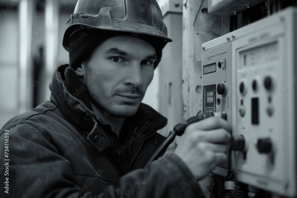 Poster a man wearing a hard hat is operating a machine. this image can be used to depict industrial work, c