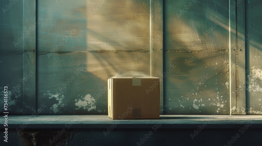 Poster A box sitting on a ledge in front of a building. This image can be used to depict concepts such as delivery, urban environment, or cityscape