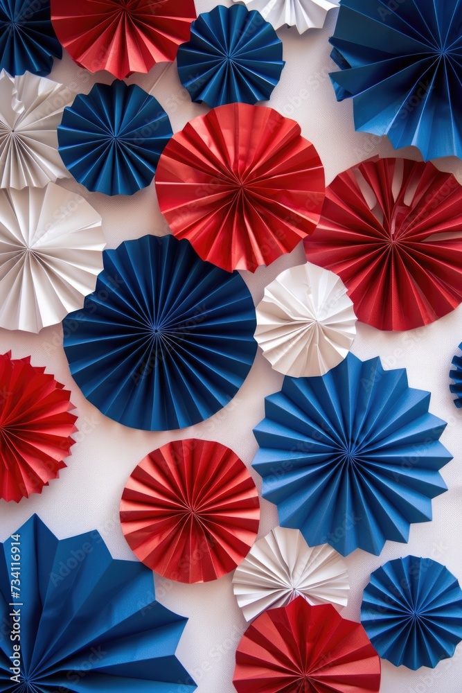 Poster a vibrant collection of red, white, and blue paper fans. perfect for adding a festive touch to any c