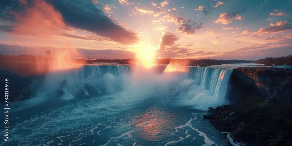 Poster a stunning image capturing the sun setting over a majestic waterfall. perfect for nature enthusiasts