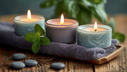 Fototapeta na wymiar Lit scented candles in ceramic holders with a plush towel and fresh mint leaves, creating a tranquil and aromatic spa ambiance.