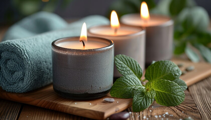 A serene spa setting with lit candles, soft grey towels, and fresh mint leaves on a wooden tray, promoting relaxation and tranquility.