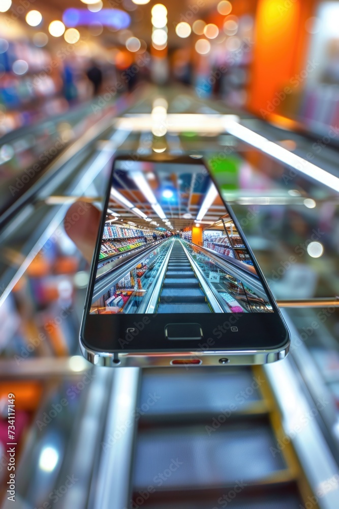 Poster A person holding up a smartphone in a store. Can be used to illustrate mobile shopping or technology usage in retail settings