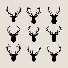 Naklejka premium Deer head black silhouette Different types of deer's heads with antlers vector illustration