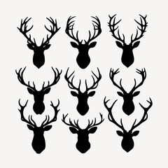 Deer head black silhouette Different types of deer's heads with antlers vector illustration