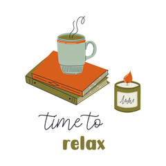Cozy home objects, interior decorations. Concept of hygge lifestyle. Books pile, cup of hot drink, aroma candle. Relaxation at home. Hand drawn retro style vector illustration. Flat design.