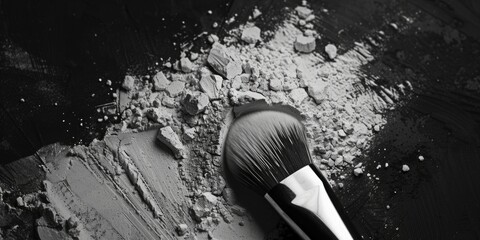 A black and white photo of a brush and powder. Suitable for beauty and makeup related designs - obrazy, fototapety, plakaty