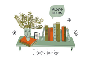 Interior bookshelf. Books at bookshelf, houseplant, decor. Home library. Literature and education theme. Hand drawn retro style vector illustration. Flat design.