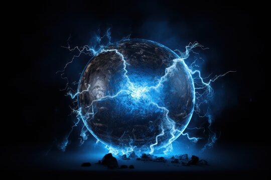 mystical glowing energy orb with electrical discharges form outside surface around