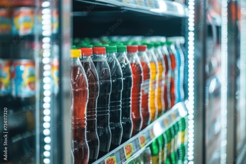 Poster A row of soda bottles neatly arranged on a shelf in a store. Ideal for advertising, product displays, or illustrating consumer choices