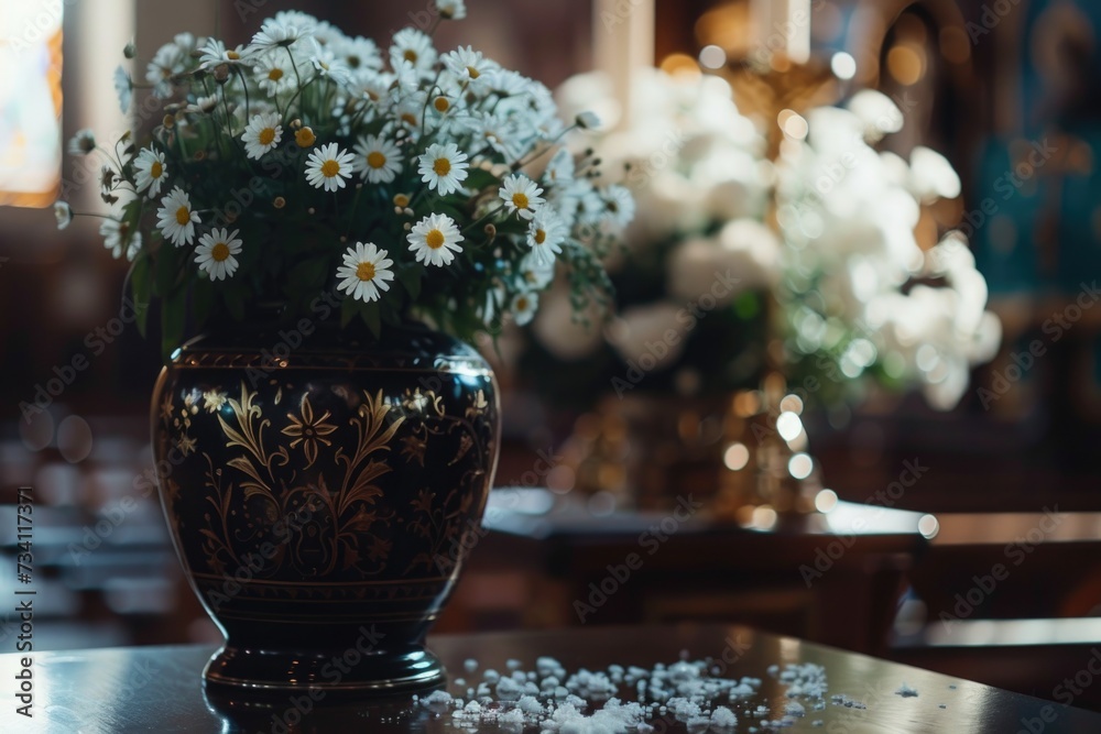 Poster a vase filled with white flowers sitting on top of a table. suitable for various uses