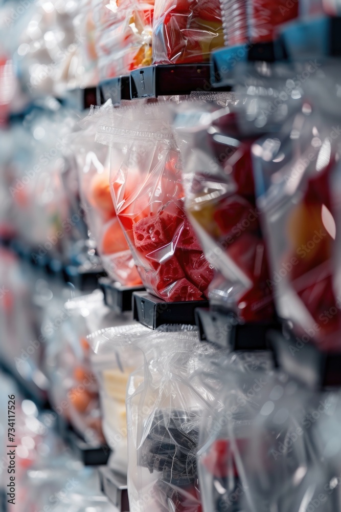 Poster Bags of various fruits are displayed in the store. Ideal for use in grocery store advertisements or healthy eating promotions