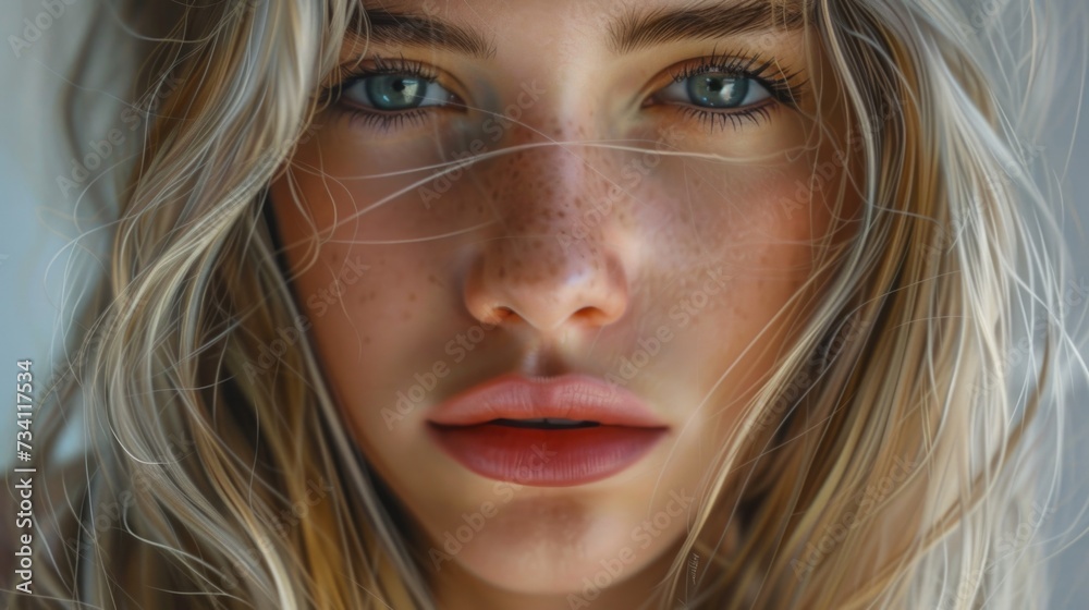 Poster a close up view of a woman with freckles on her face. this image can be used to showcase natural bea