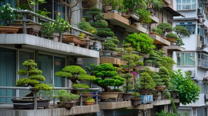 Fototapeta na wymiar Lush Bonsai Balconies in Urban High-Rise Apartment Building.