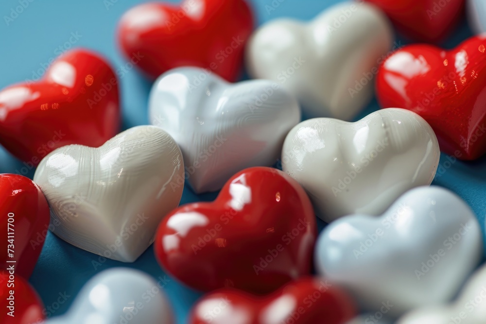 Poster a collection of red and white hearts arranged on a blue surface. perfect for expressing love and aff