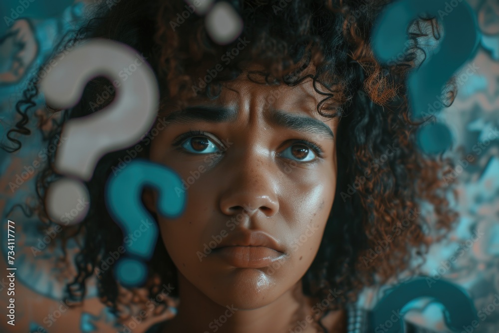 Poster A woman with multiple question marks on her face, representing confusion or uncertainty. Can be used to illustrate concepts related to questioning, doubt, or searching for answers