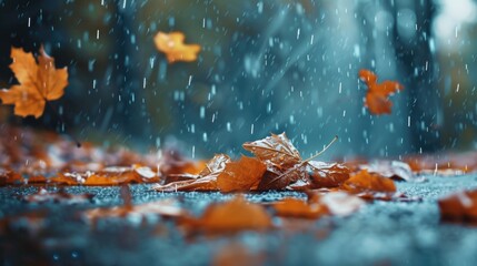 Leaves scattered on the ground during a rainy day. Perfect for nature and weather-related projects