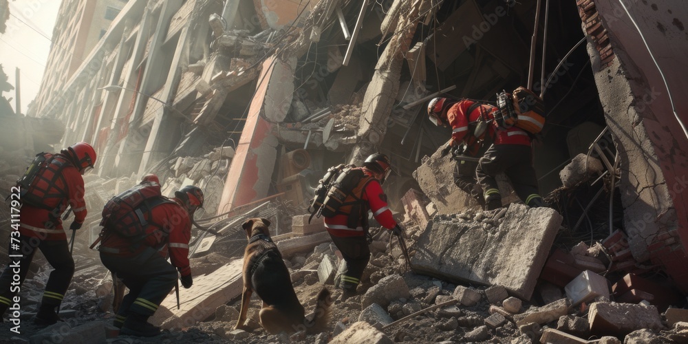 Aufkleber rescuers working diligently on the rubble of a building. this image can be used to portray the effor