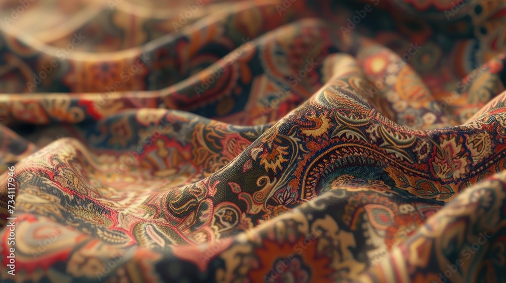 Poster a detailed close-up of a paisley print fabric. this versatile textile can be used for various creati