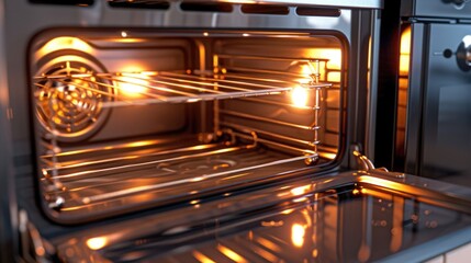 Obraz premium A close up view of an oven with the door open. Ideal for illustrating cooking, baking, or kitchen-related concepts.