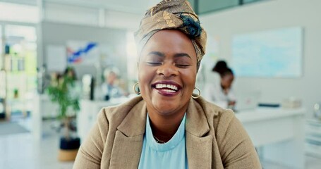 Face, smile for design and business black woman in office with job satisfaction as creative employee closeup. Portrait, happy or funny with confident person at company workplace for artistic career