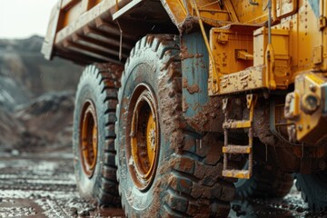 A large yellow dump truck is driving down a dirt road. This image can be used to depict construction, transportation, or industrial themes
