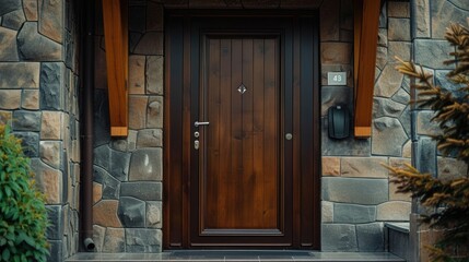A photograph of a wooden front door on a stone building. This image can be used for architectural design, home improvement, or real estate projects