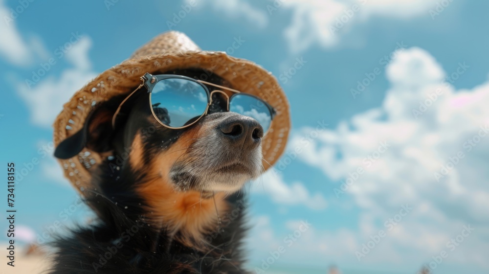 Poster a dog is pictured wearing sunglasses and a straw hat. this image can be used to depict a fun and sty