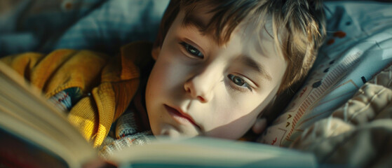 A young boy is seen laying in bed and engrossed in reading a book. This image can be used to depict the joy of reading or to illustrate a bedtime routine