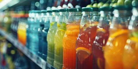 Bottles filled with various colored drinks. Versatile image for beverage concepts and product advertisements