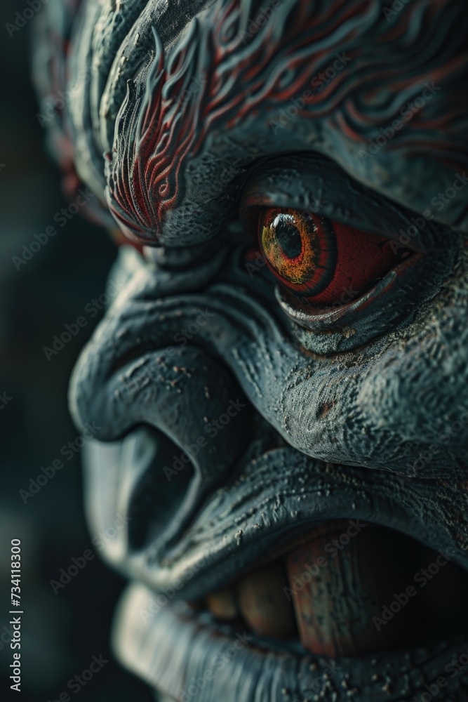 Poster A detailed close-up of a statue depicting a fearsome demon. This image can be used to add a touch of darkness and mystery to various projects