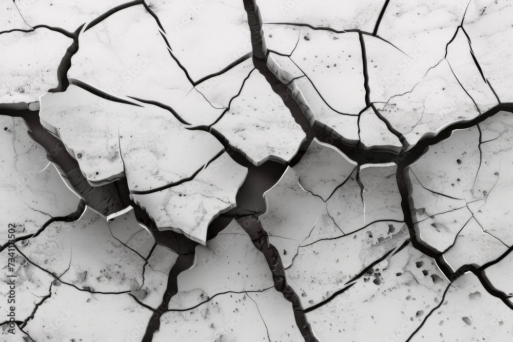 Poster a black and white photo capturing a visible crack in the ground. suitable for illustrating natural p